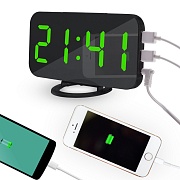 Часы настольные светящиеся, с зарядкой для двух телефонов (зеленые цифры)